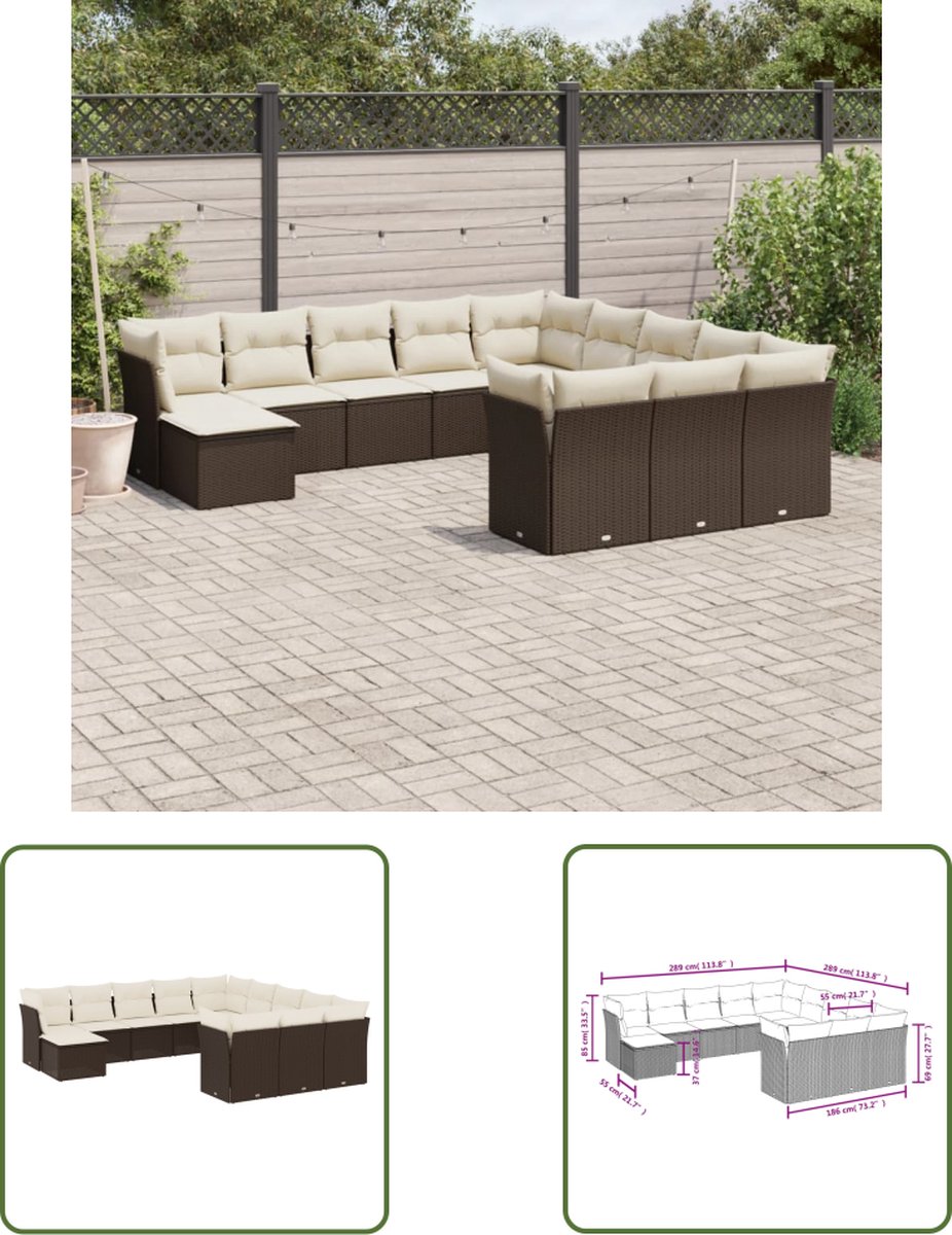 The Living Store 12-delige Loungeset met kussens poly rattan bruin - Loungeset - Tuinlounge - Lounge Set - Buitentijmueble - Outdoor Furniture