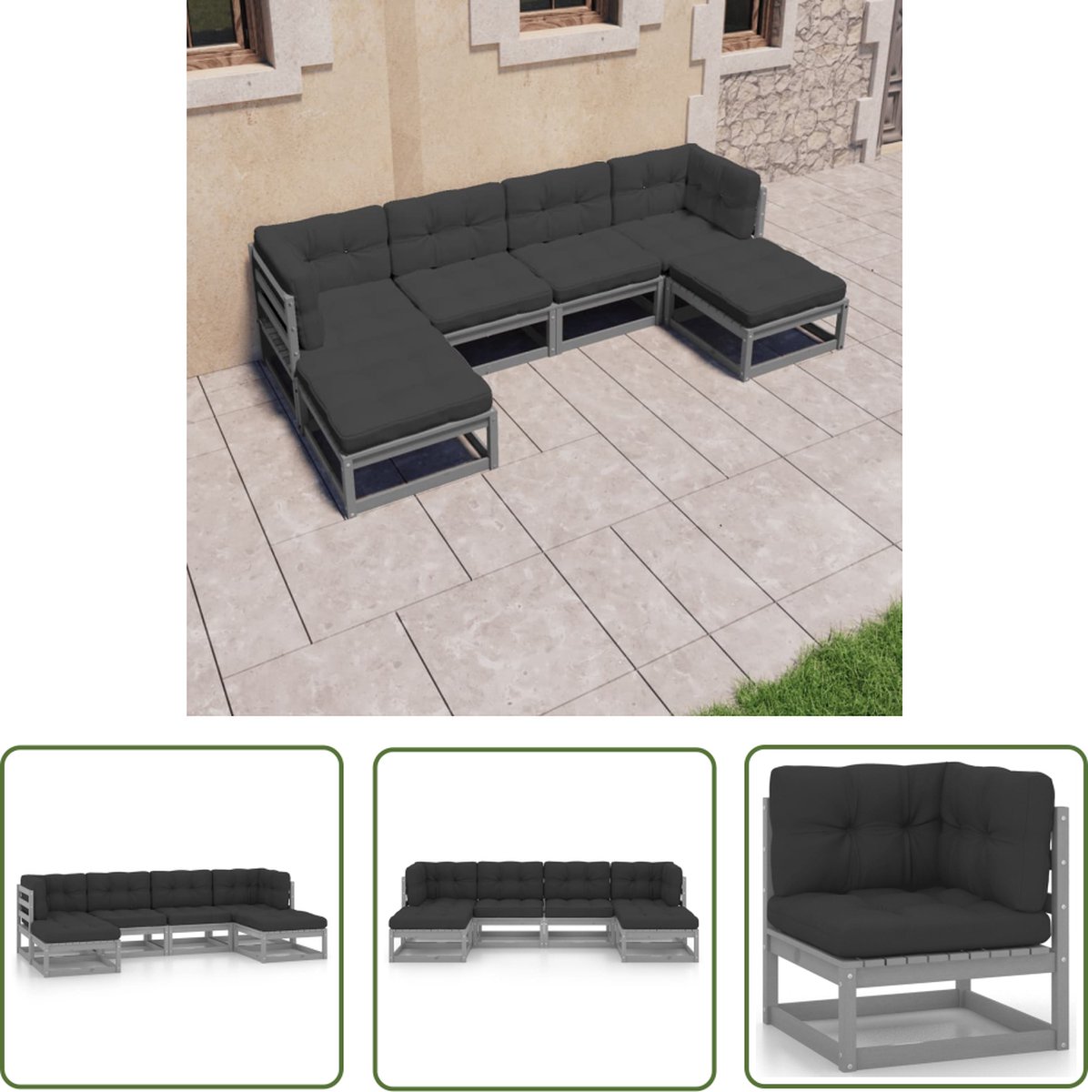 The Living Store 6-delige Loungeset met kussens massief grenenhout grijs - Loungebank - Tuinlounge - Houten Lounge - Loungeset - Tuinset