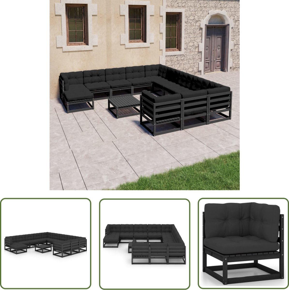 Zwarte massief grenenhouten loungeset met kussens voor tuin - The Living Store.
