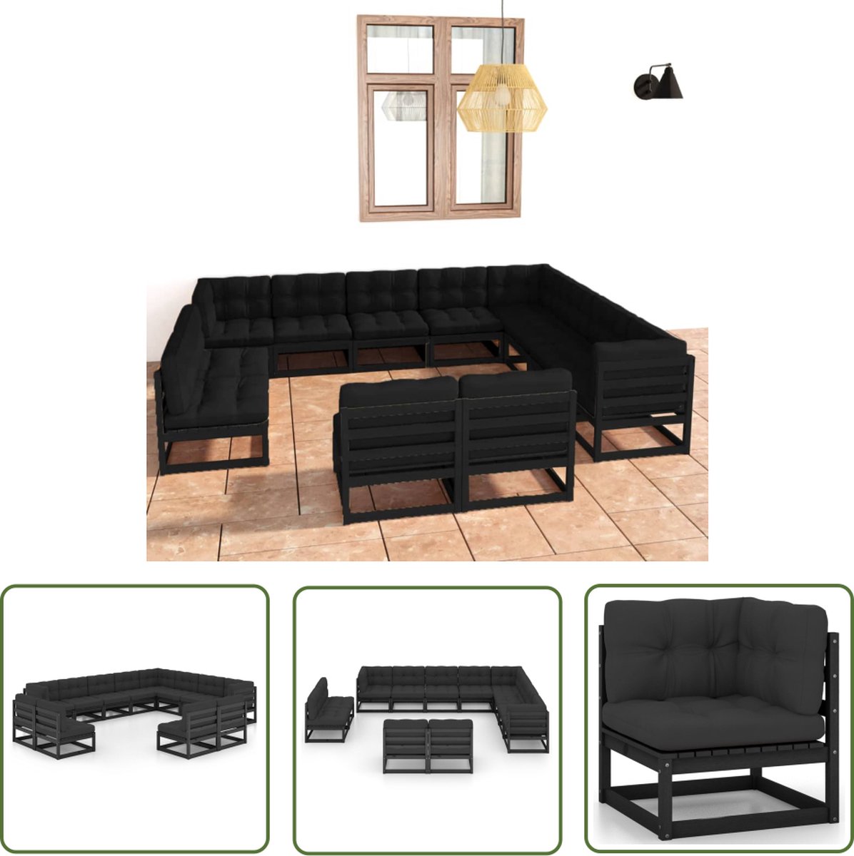 The Living Store 12-delige Loungeset met kussens massief grenenhout zwart - Loungeset - Tuinset - Houten Lounge - Tuinmeubilair - Grenenhout