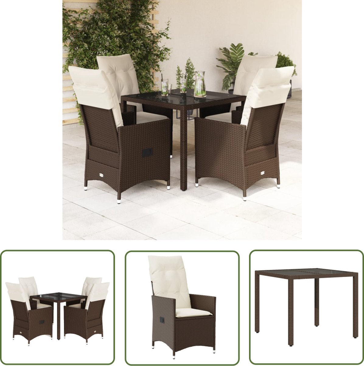 The Living Store 5-delige Tuinset met kussens poly rattan bruin - Tuin Set - Buiten Eetkamer - Lounge Set - Patio Set - Garden Furniture