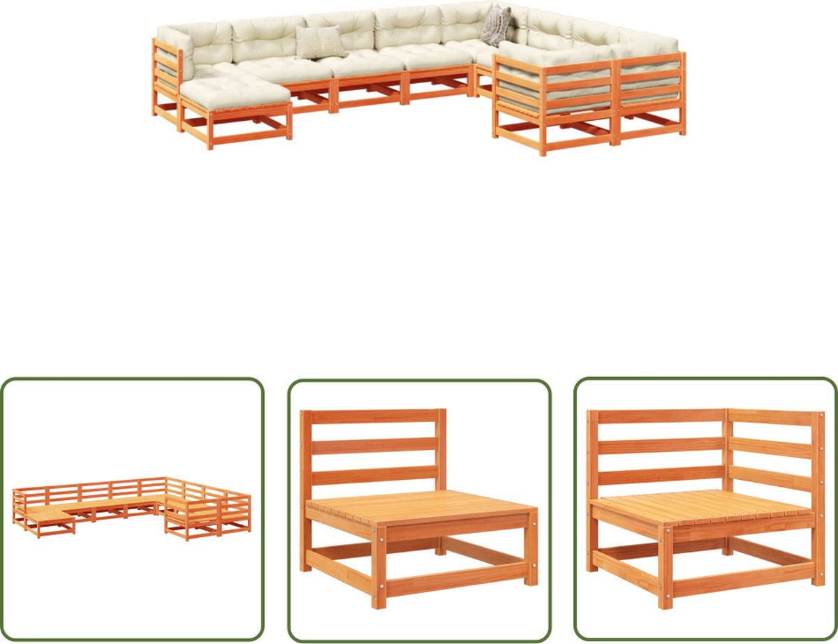 Massief grenenhouten loungeset in wasbruine kleur met loungebank - Tuinmeubels.