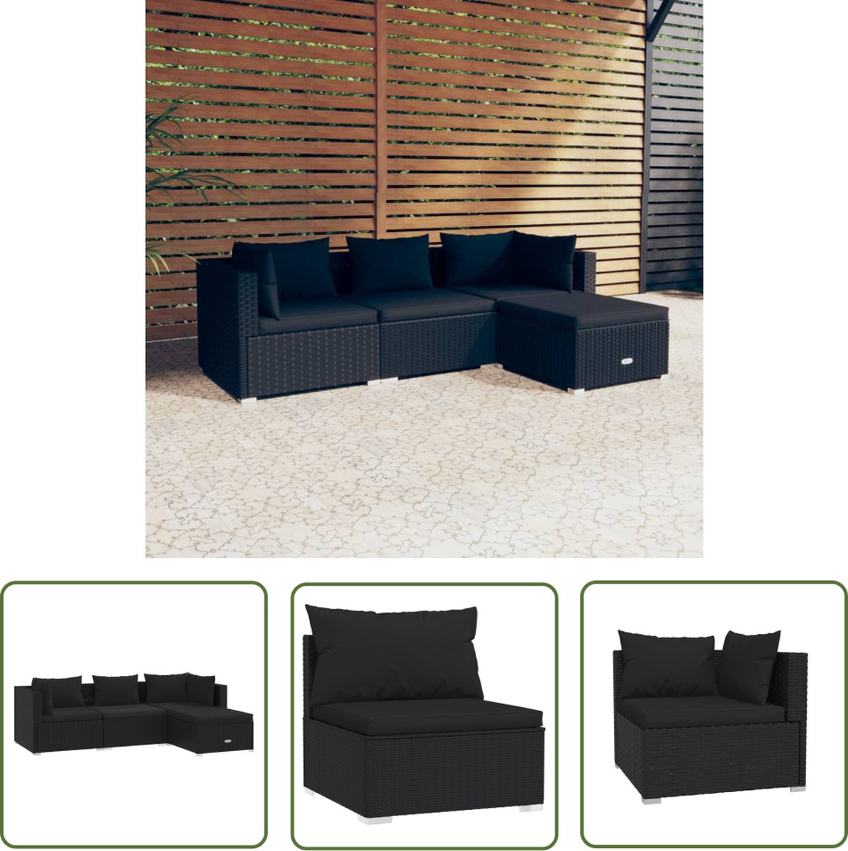 The Living Store 4-delige Loungeset met kussens poly rattan zwart - Loungeset - Lounge Stoel - Buitentijnen - Tuinmeubilair - PE-rattan