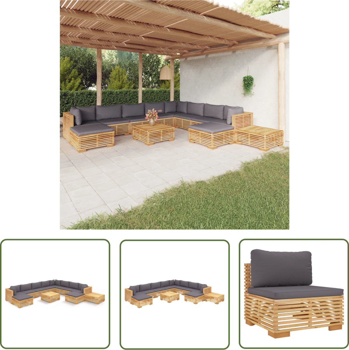 The Living Store 12-delige Loungeset met kussens massief teakhout - Loungeset - Teak Hout - Tuinset - Buitendecor - Lounge Stoel
