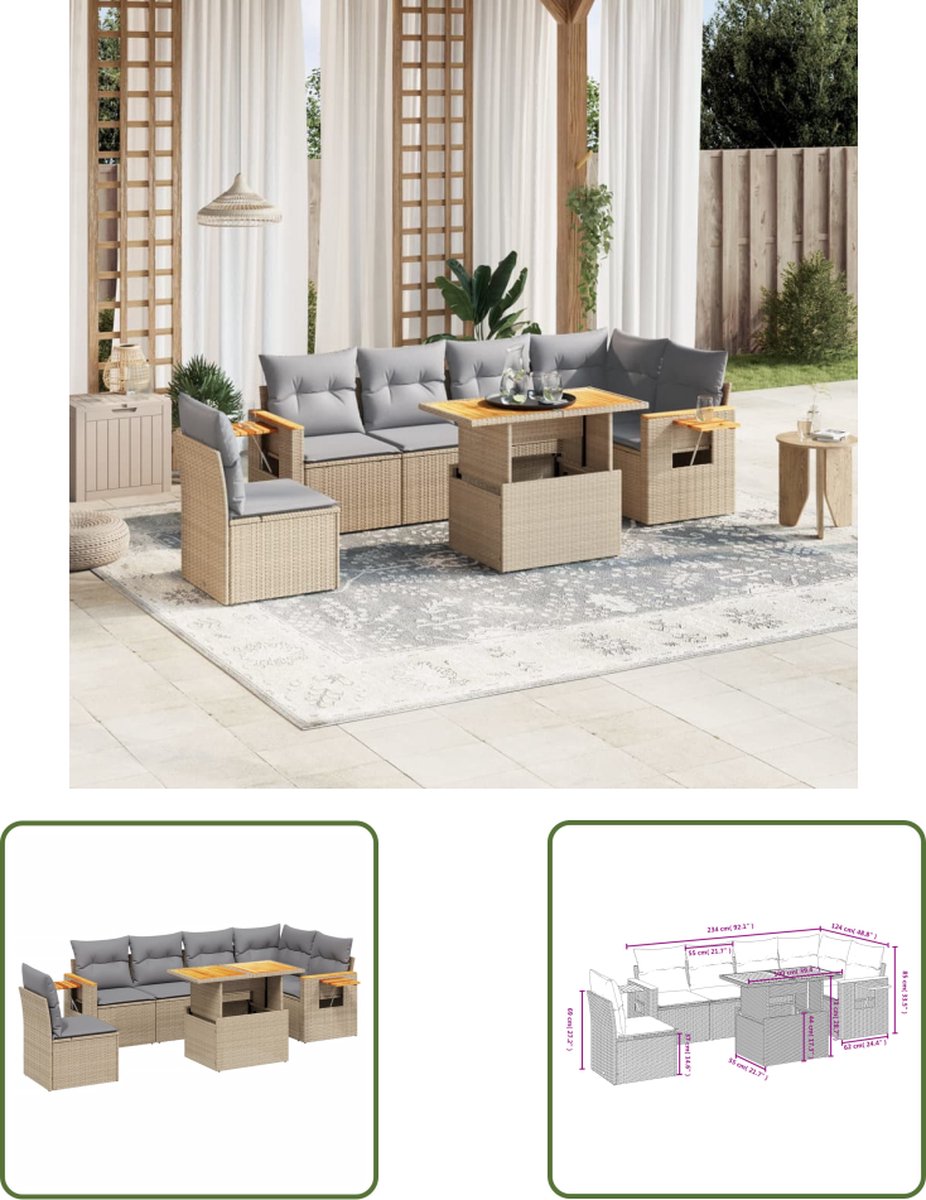 The Living Store 7-delige Loungeset met kussens poly rattan beige - Loungebank - Tuinset - Lounge Set - Tuinmeubels - Outdoor Furniture