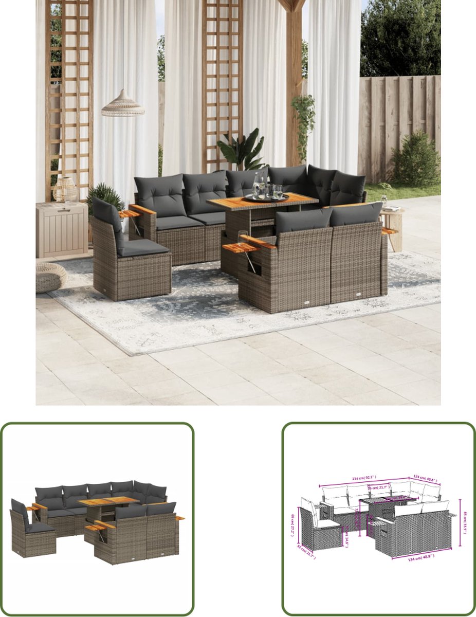 Grijze poly rattan loungeset met kussens voor buiten - The Living Store.