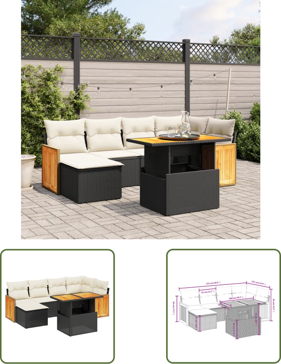 The Living Store 7-delige Loungeset met kussens poly rattan zwart - Tuin Lounge Set - PE Rattan - Loungebank - Buitentafel - Zitzakken