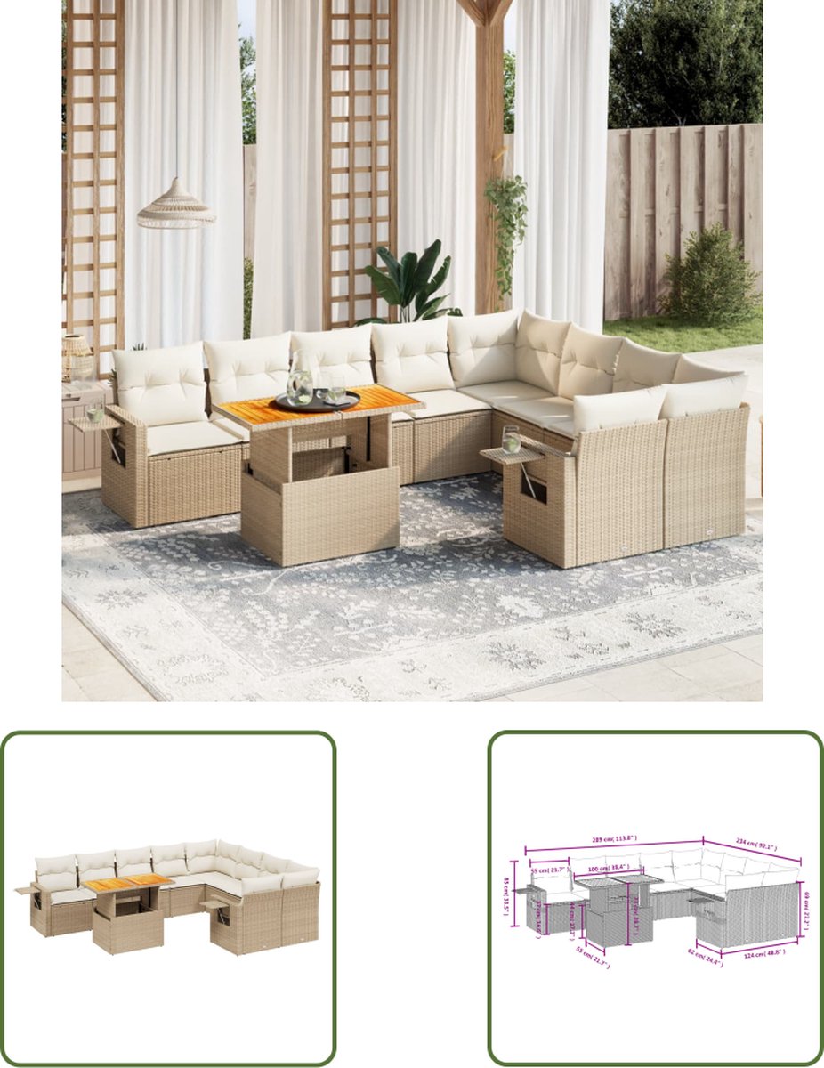 The Living Store 10-delige Loungeset met kussens poly rattan beige - Loungeset - Tuinset - Lounge Set - Buitendecoratie - Tuinmeubels