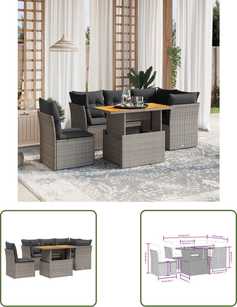 The Living Store 5-delige Loungeset met kussens poly rattan grijs - Loungeset - Tuinset - Buitendecoratie - Loungehoek - Relaxstoel