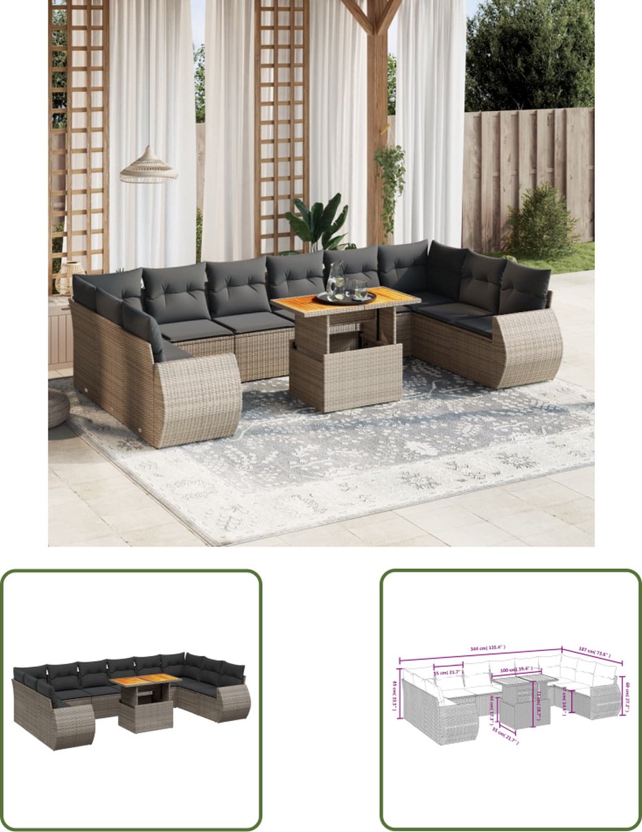 The Living Store 11-delige Loungeset met kussens poly rattan grijs - Loungebank - Lounge Set - Tuinset - Buitendecoratie - Outdoor Furniture