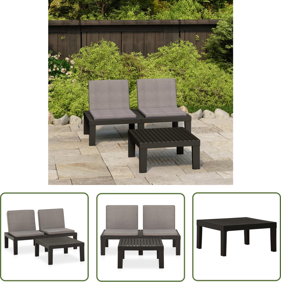 The Living Store 2-delige Loungeset met kussens kunststof grijs - Loungeset - Lounge Set - Tuinset - Buitendecor - Tuinbank