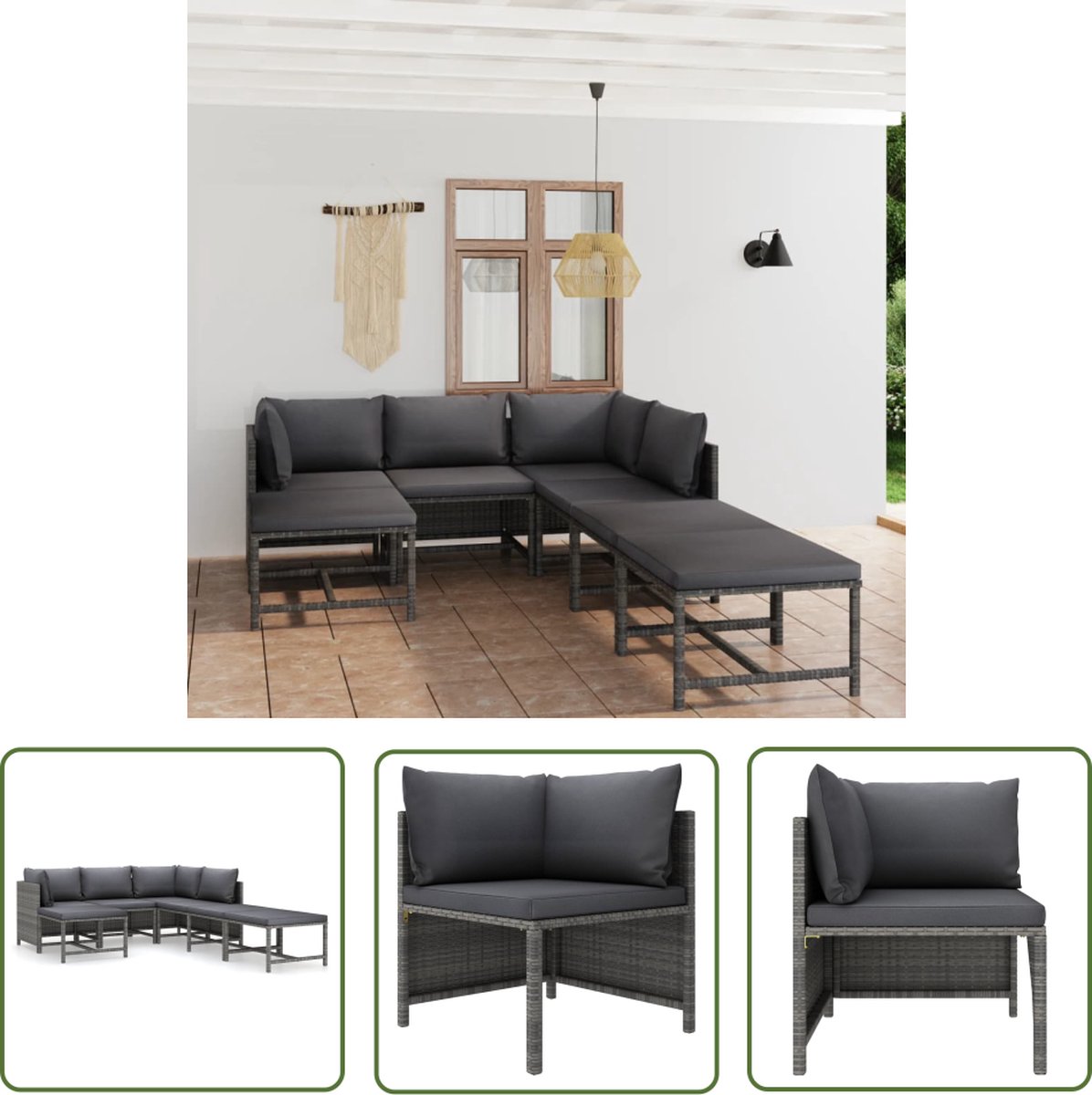 The Living Store 7-delige Loungeset met kussens poly rattan grijs - Loungehoek - Loungestoel - Buitenshuis Meubilair - Tuinstoel - Patio Meubel