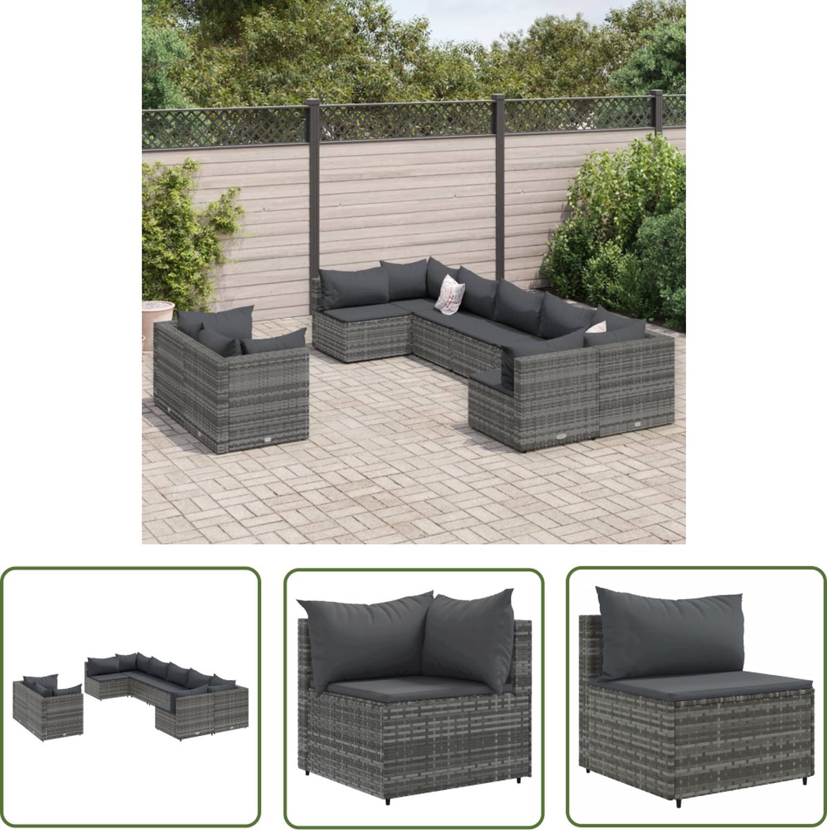 The Living Store 9-delige Loungeset met kussens poly rattan grijs - Loungeset - Tuinset - PE-rattan - Outdoor Furniture - Tuinmeubels