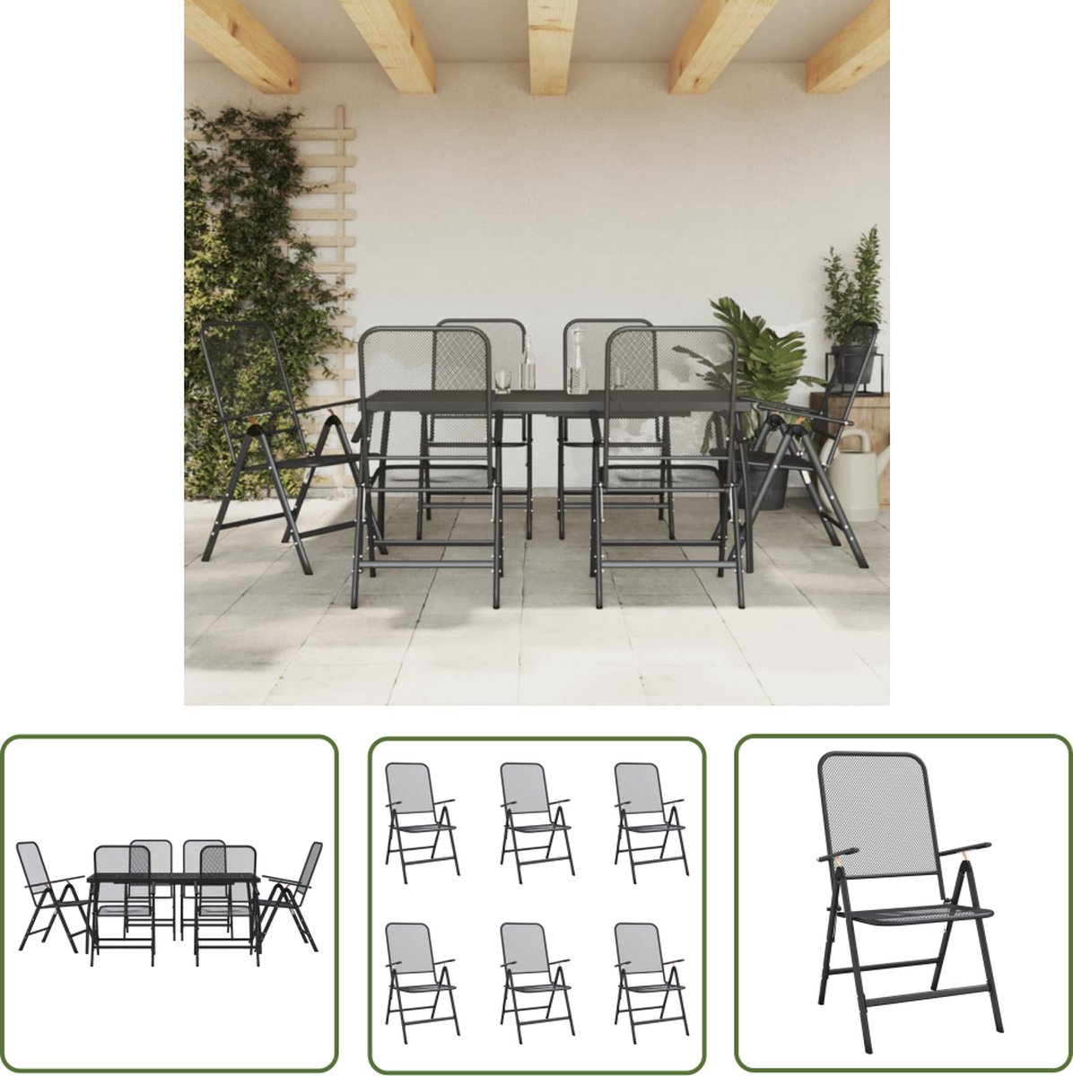 The Living Store 7-delige Tuinset metaalgaas antracietkleurig - Tuin Set - Eetkamerset - Buitendecoratie - Lounge Set - Aluminium Tuinbank