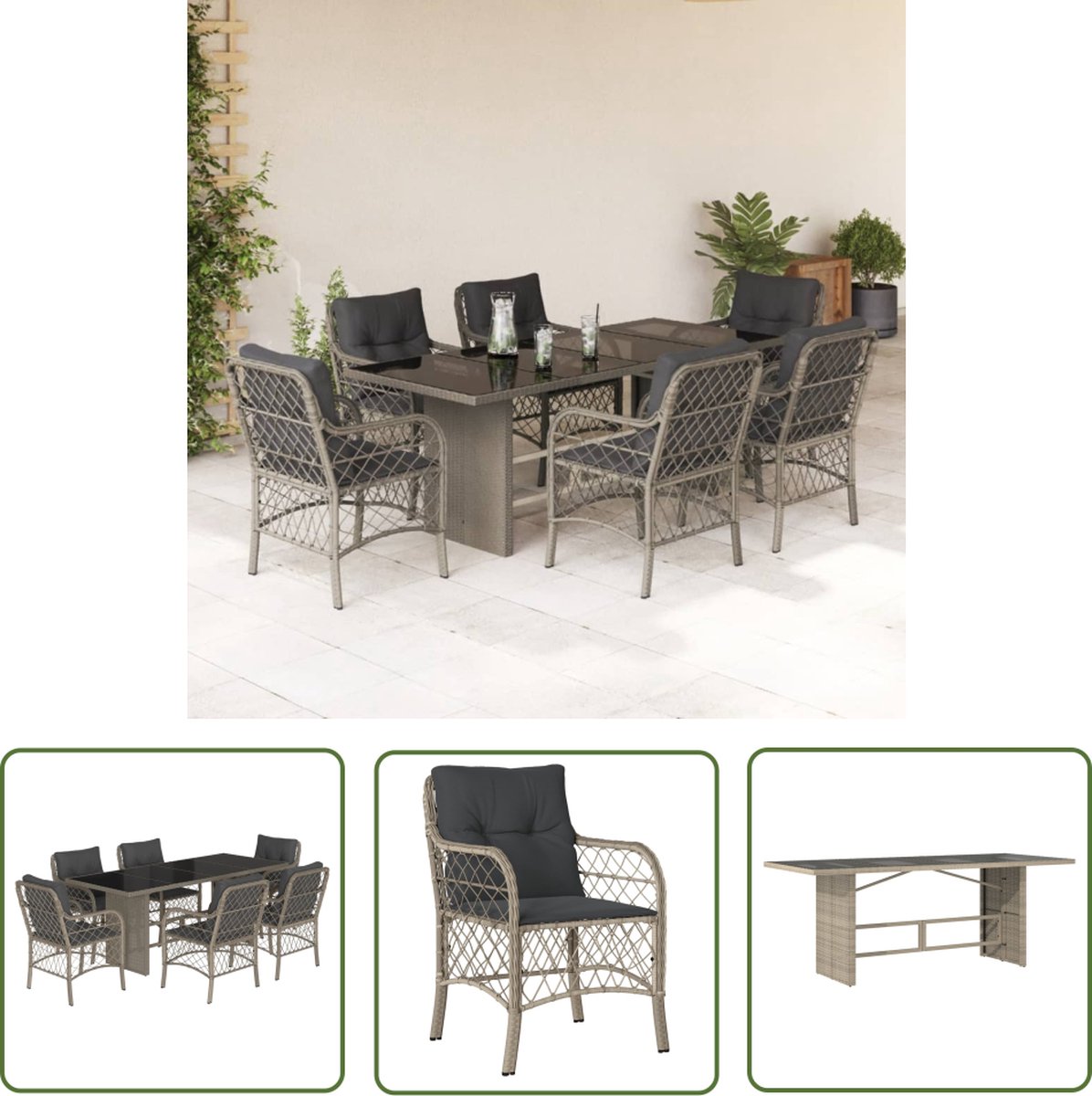 The Living Store 7-delige Tuinset met kussens poly rattan grijs - Tuinset - Lounge Set - Buitenshuis Dineren - Eetkamer Set - Outdoor Furniture