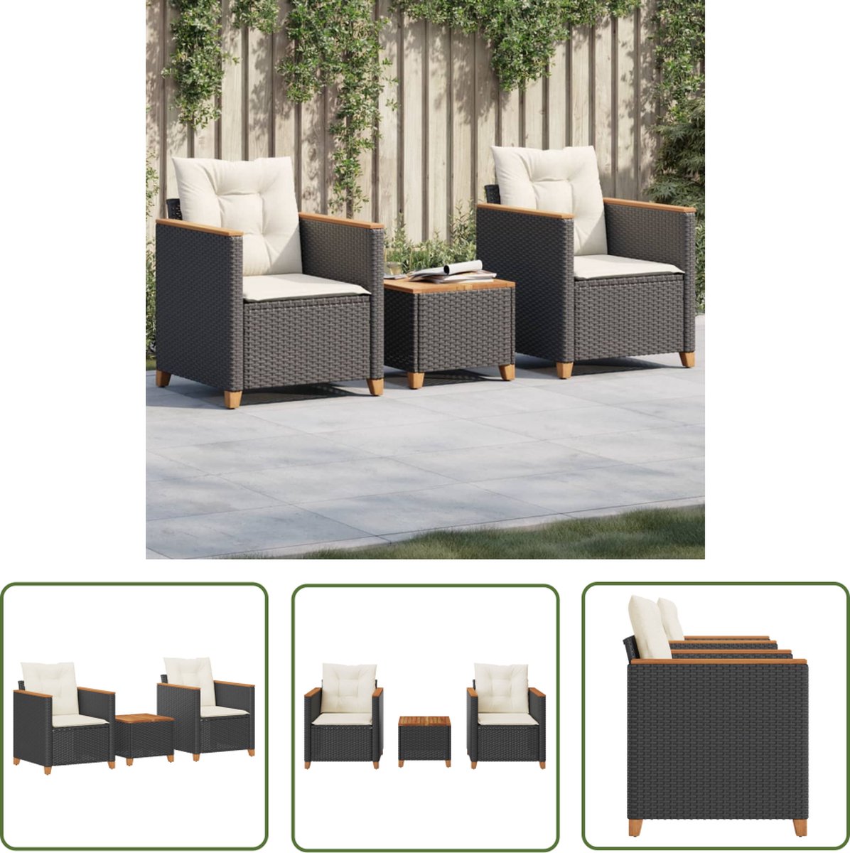 3-delige Bistroset in zwart poly rattan en acaciahout met kussens.
