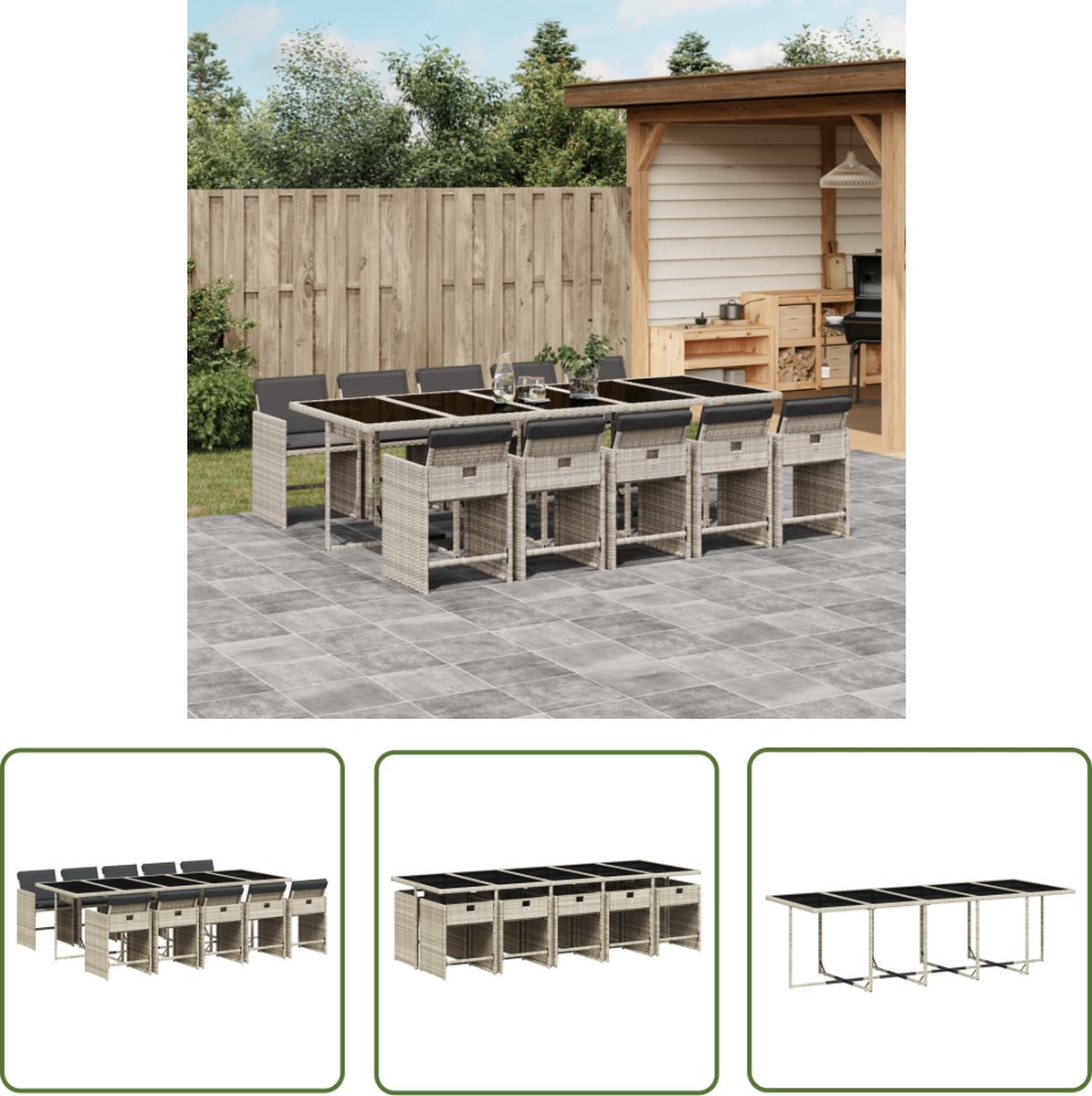 The Living Store 11-delige Tuinset met kussens poly rattan lichtgrijs - Tuinset - Buitentijd - Lounge Set - Eetkamerset - Patio Set