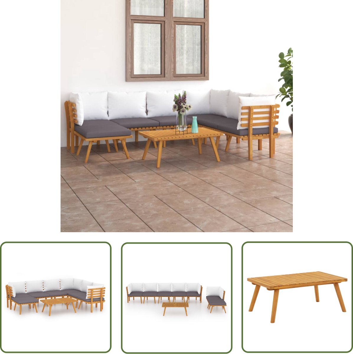 The Living Store 8-delige Loungeset met kussens massief acaciahout - Tuin Lounge Set - Loungestoel - Buis Stoffen Bank - Acacia Hout - Outdoor Furniture