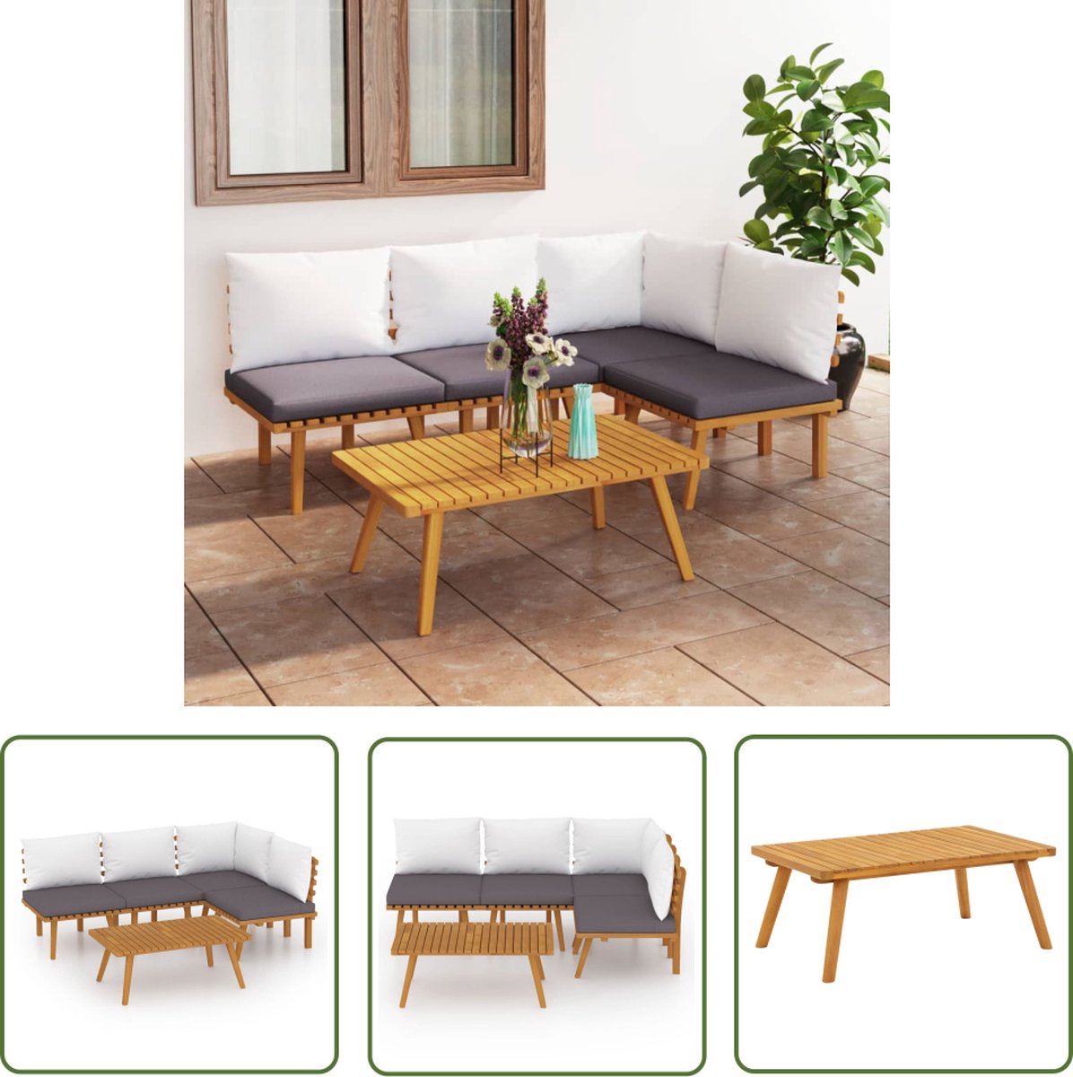 Tuinlounge set van massief acaciahout met kussens - The Living Store.