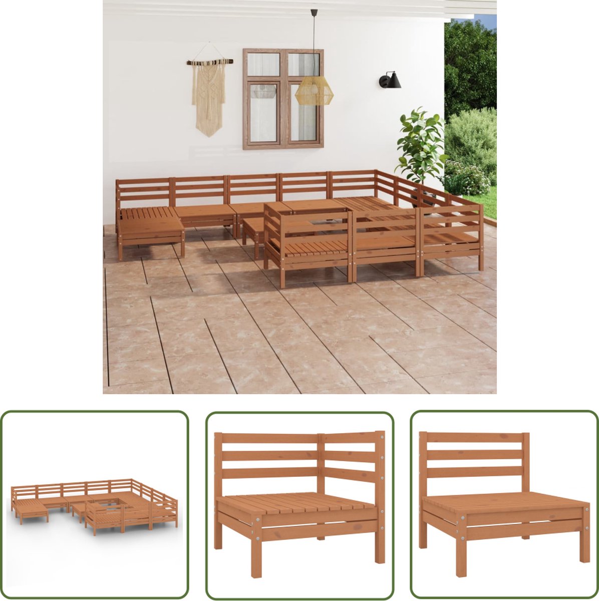 The Living Store 12-delige Loungeset massief grenenhout honingbruin - Houten Tuinset - Lounge Set - Tuinmeubilair - Grenenhout - Buitendecor