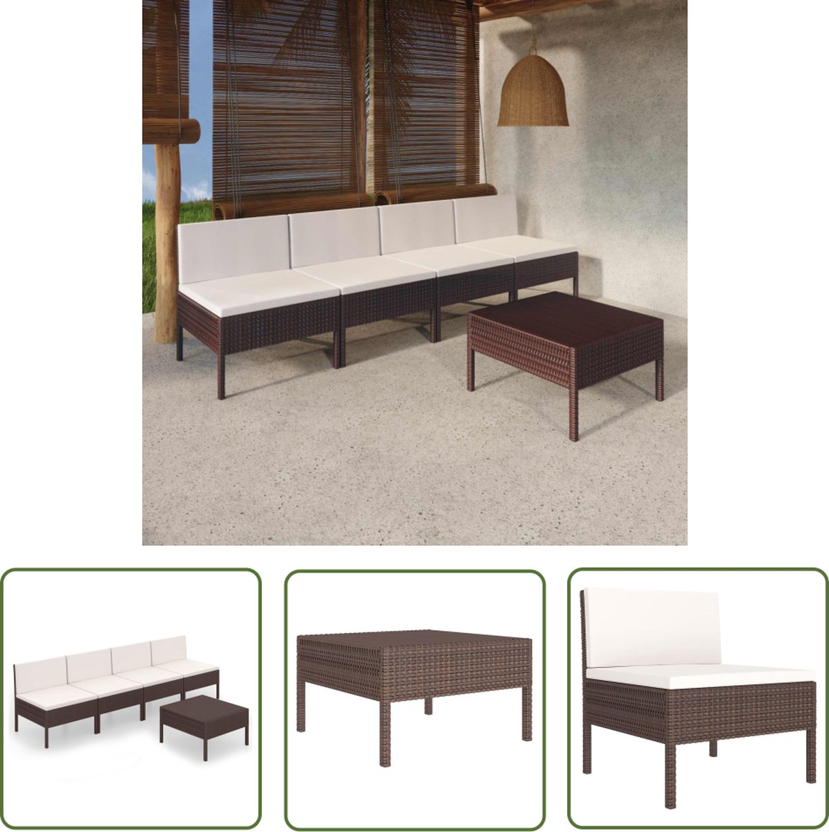 Bruine poly rattan loungeset met kussens voor tuin en buiten.