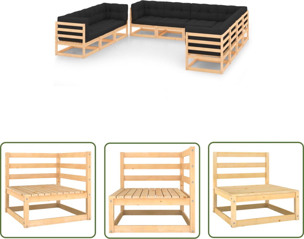 The Living Store 10-delige Loungeset met kussens massief grenenhout - Loungeset - Tuinset - Houten Lounge - Buitendecor - Balkon Decor