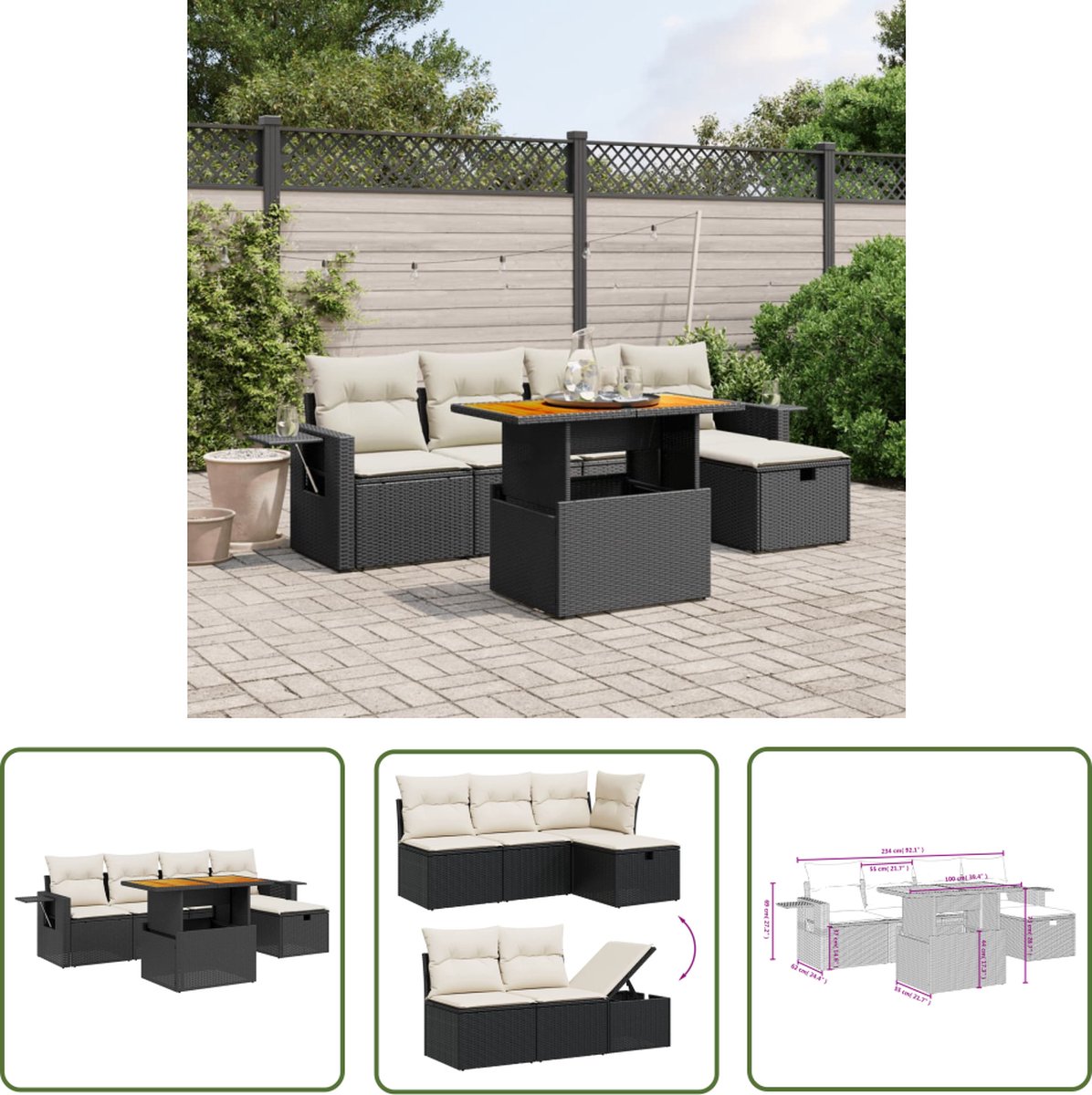 The Living Store 6-delige Loungeset met kussens poly rattan zwart - Loungeset - Lounge Set - Buitendecoratie - Tuinmeubels - Tuinlounge