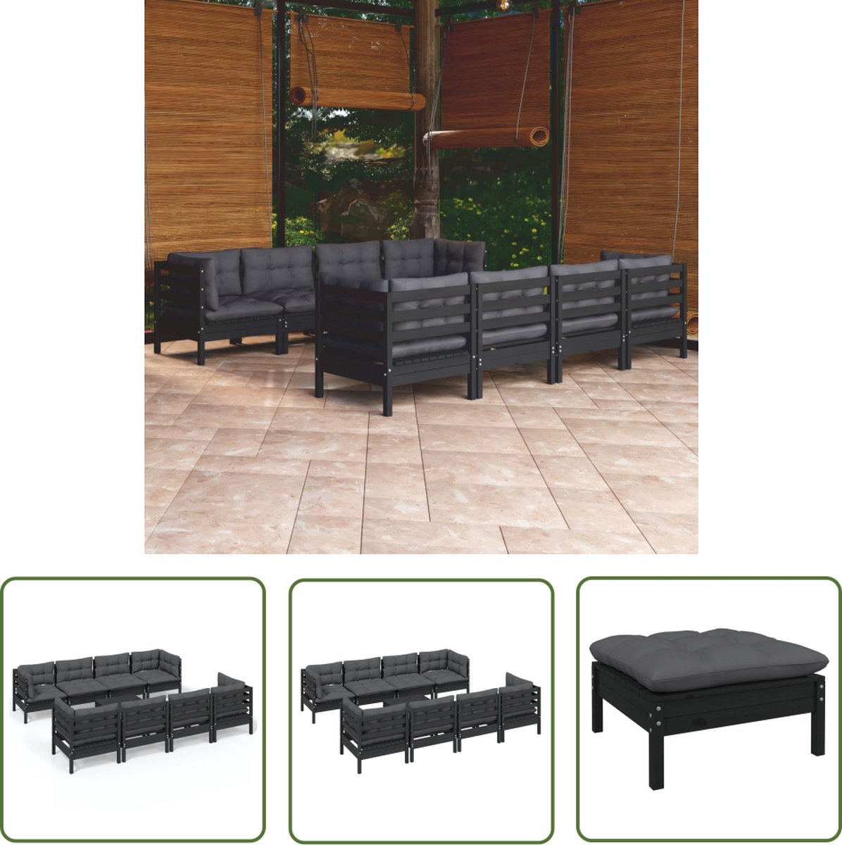 The Living Store 9-delige Loungeset met kussens massief grenenhout - Loungeset - Tuinset - Hout Lounge Set - Grenenhout - Zwarte Loungestoel