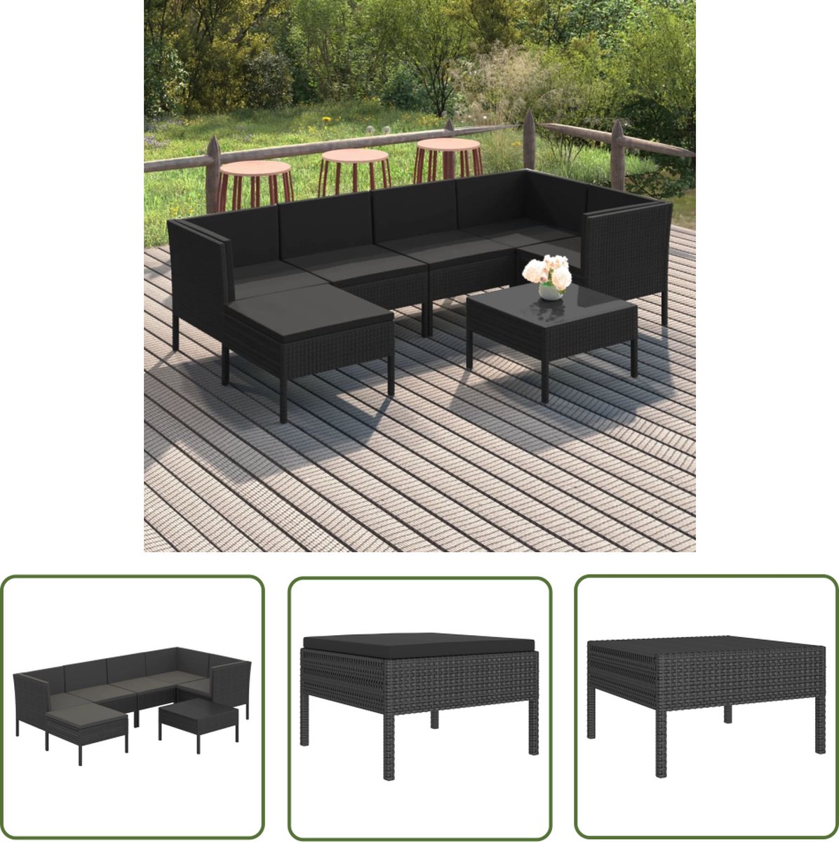 Zwart poly rattan loungeset met kussens voor buiten - The Living Store.
