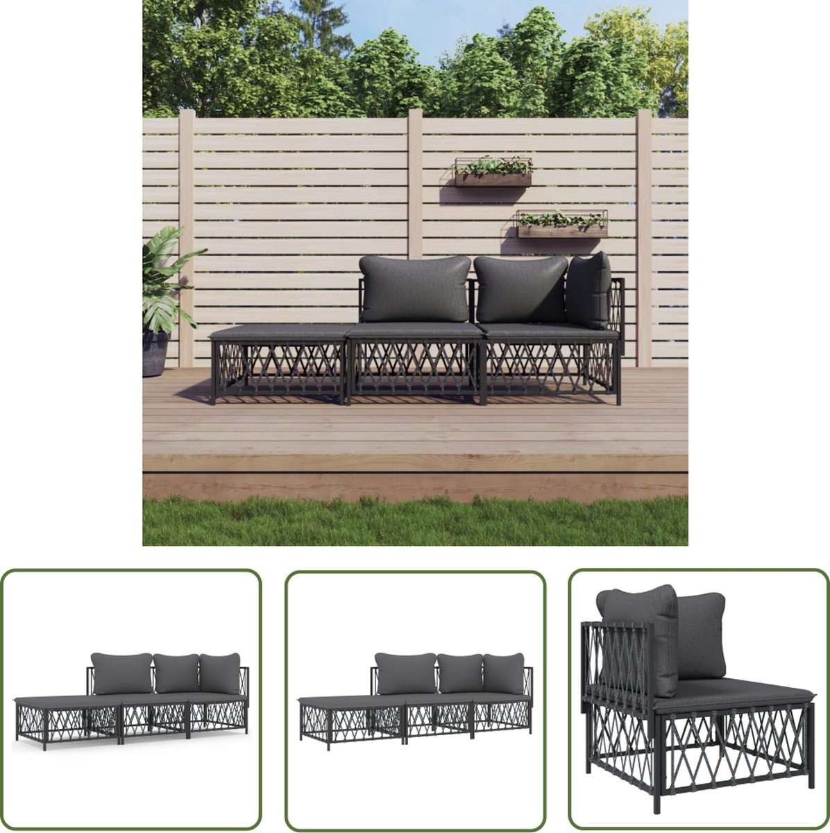 The Living Store 3-delige Loungeset met kussens staal antracietkleurig - Hoektbank - Lounge Set - Tuin Bank - Buitenkamer - Terras