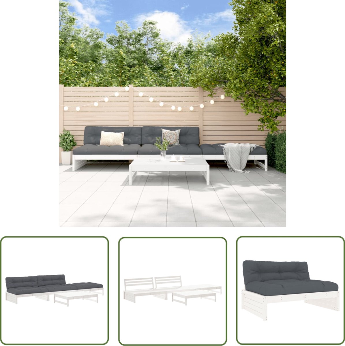 The Living Store 4-delige Loungeset met kussens massief hout wit - Loungeset - Tuinset - Lounge Bank - Tuinmeubilair - Hout