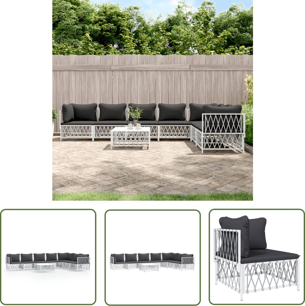 The Living Store 8-delige Loungeset met kussens staal wit - Loungeset - Tuinset - Lounge Bank - Tuinbank - Outdoor Furniture