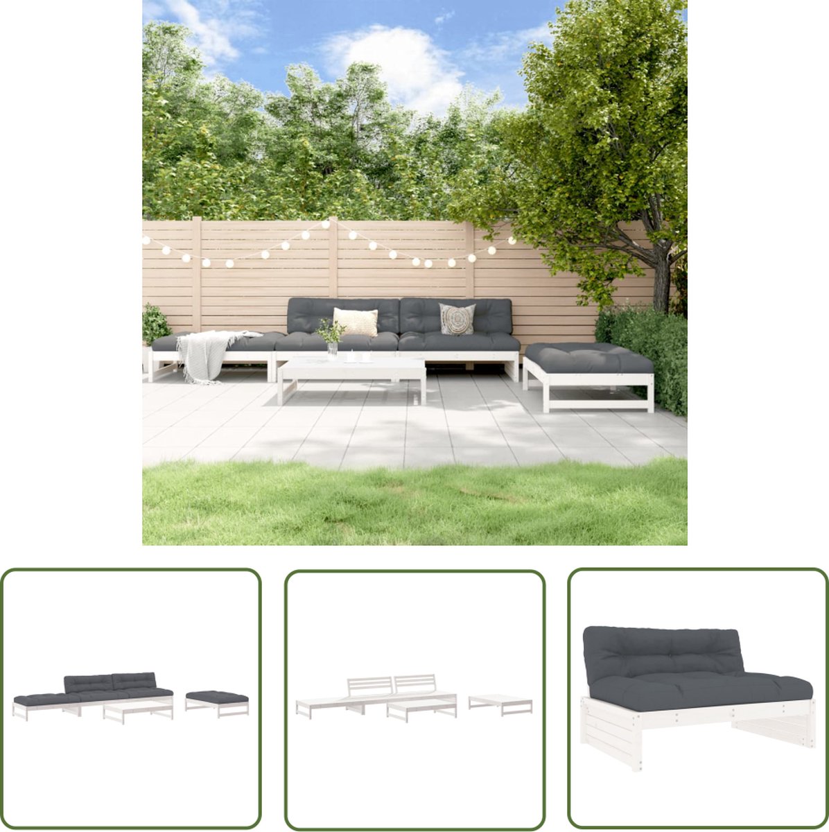 The Living Store 5-delige Loungeset met kussens massief hout wit - Lounge Set - Tuinset - Lounge Bank - Teak Tafel - Hout Tuinmeubilaar