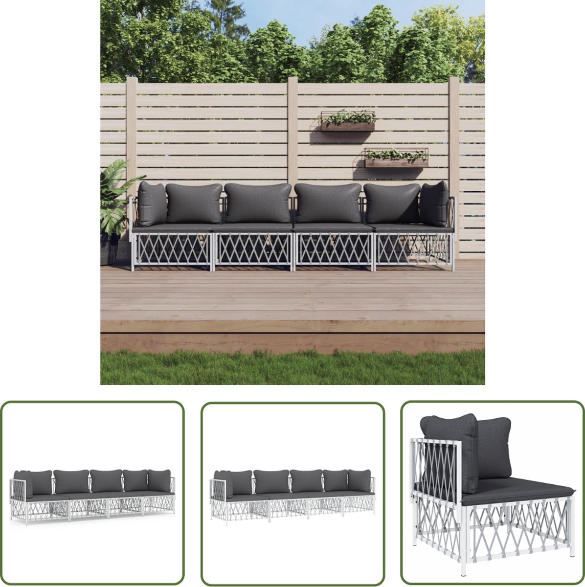 The Living Store 4-delige witte loungeset met kussens van staal.