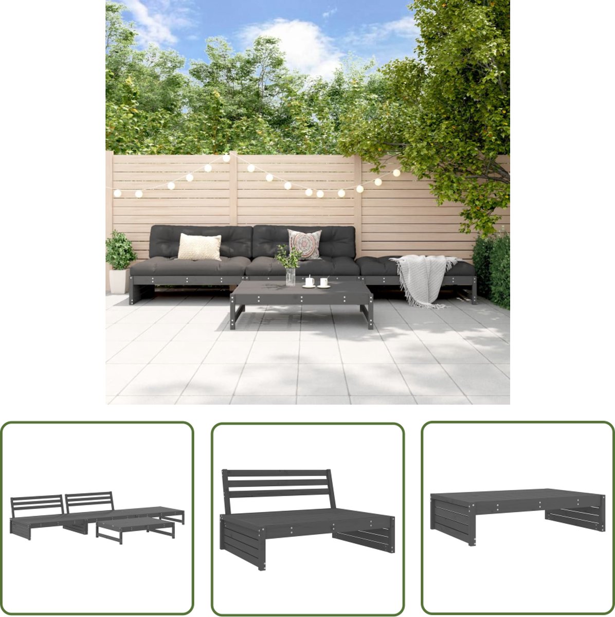 Loungeset van massief grenenhout in grijs, perfect voor buitenmeubels.
