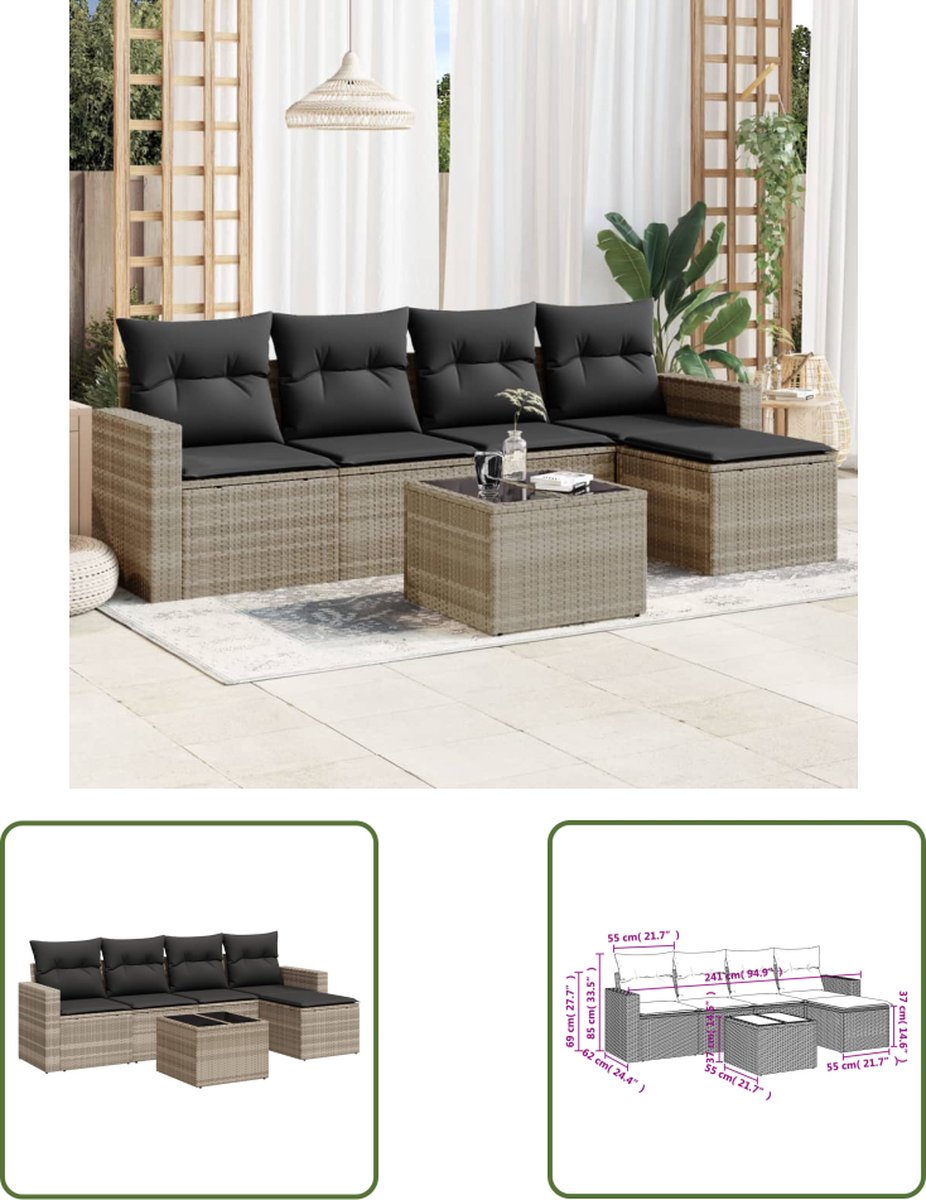 Zesdelige loungeset in lichtgrijs poly rattan met kussens - Buitendecoratie.