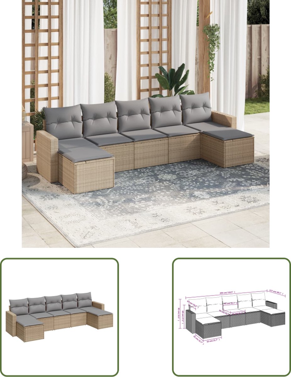 The Living Store 7-delige Loungeset met kussens poly rattan beige - Loungeset - Tuinset - Lounge - Outdoor Furniture - Garden Furniture