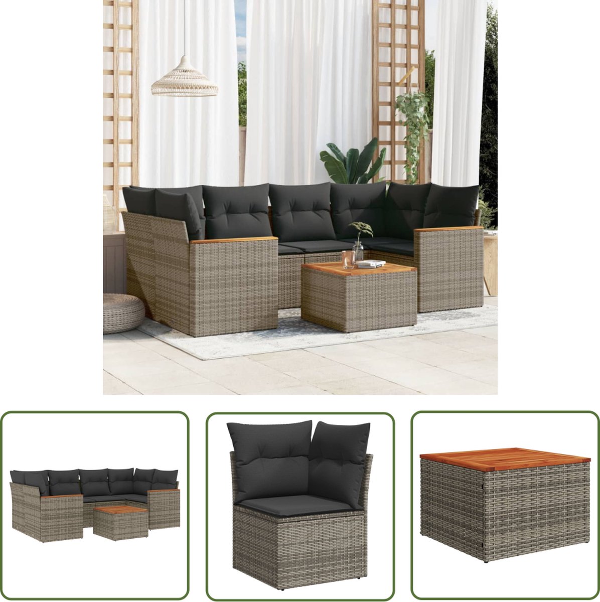 The Living Store 7-delige Loungeset met kussens poly rattan grijs - Loungebank - Lounge Set - Buitendecoratie - Tuinmeubels - Tuinlounge