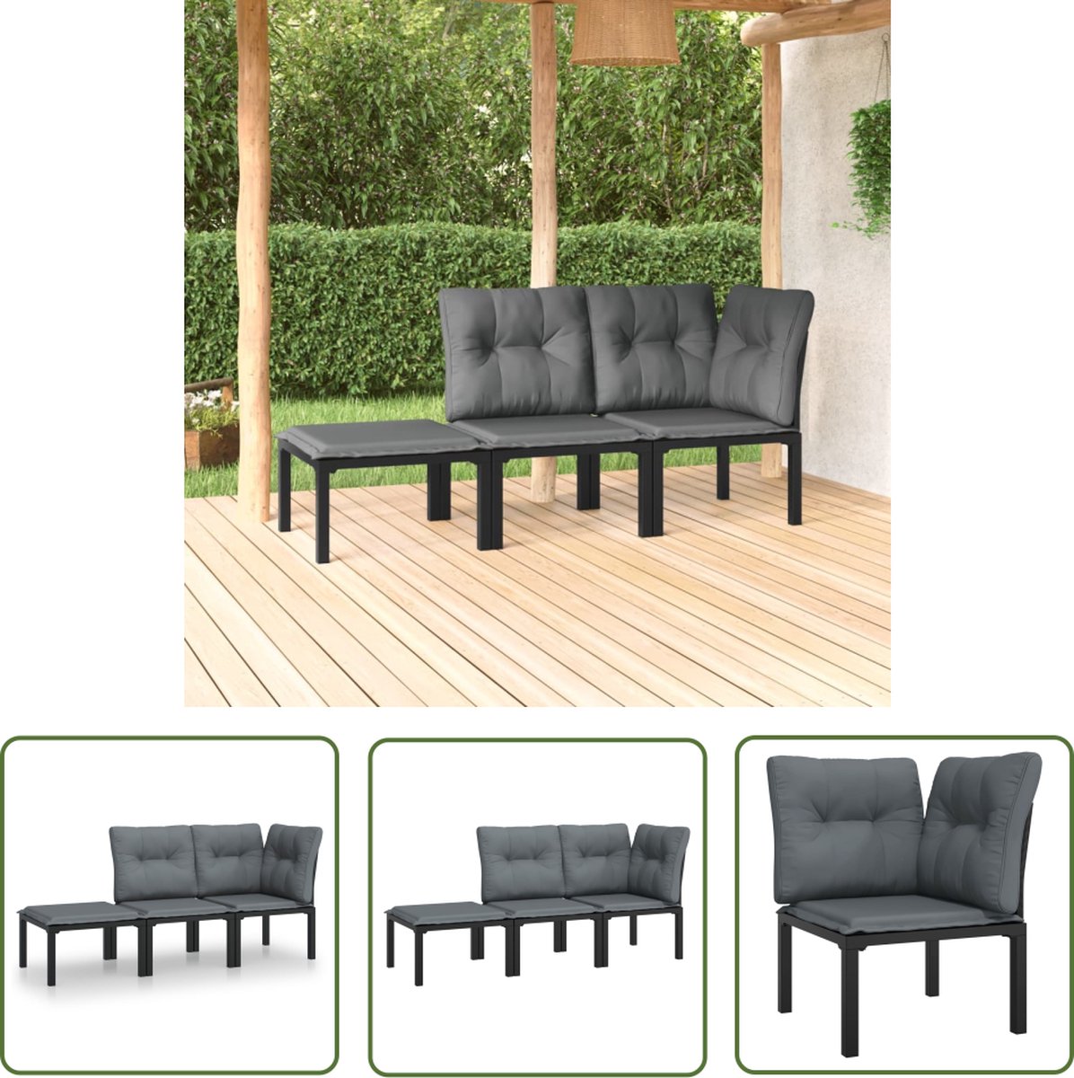 Loungeset met zwarte en grijze kussens - poly rattan - The Living Store