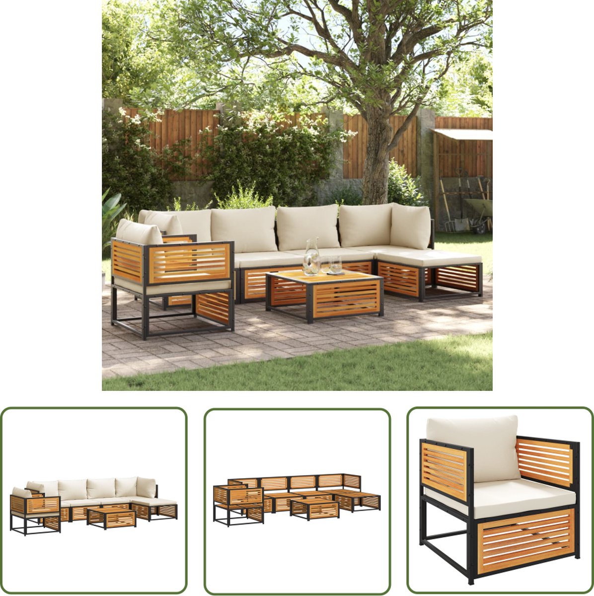 The Living Store 7-delige Tuinbankstel met kussens massief acaciahout - Loungeset - Acacia Hout - Lounge Set - Buitendecoratie - Tuinmeubels