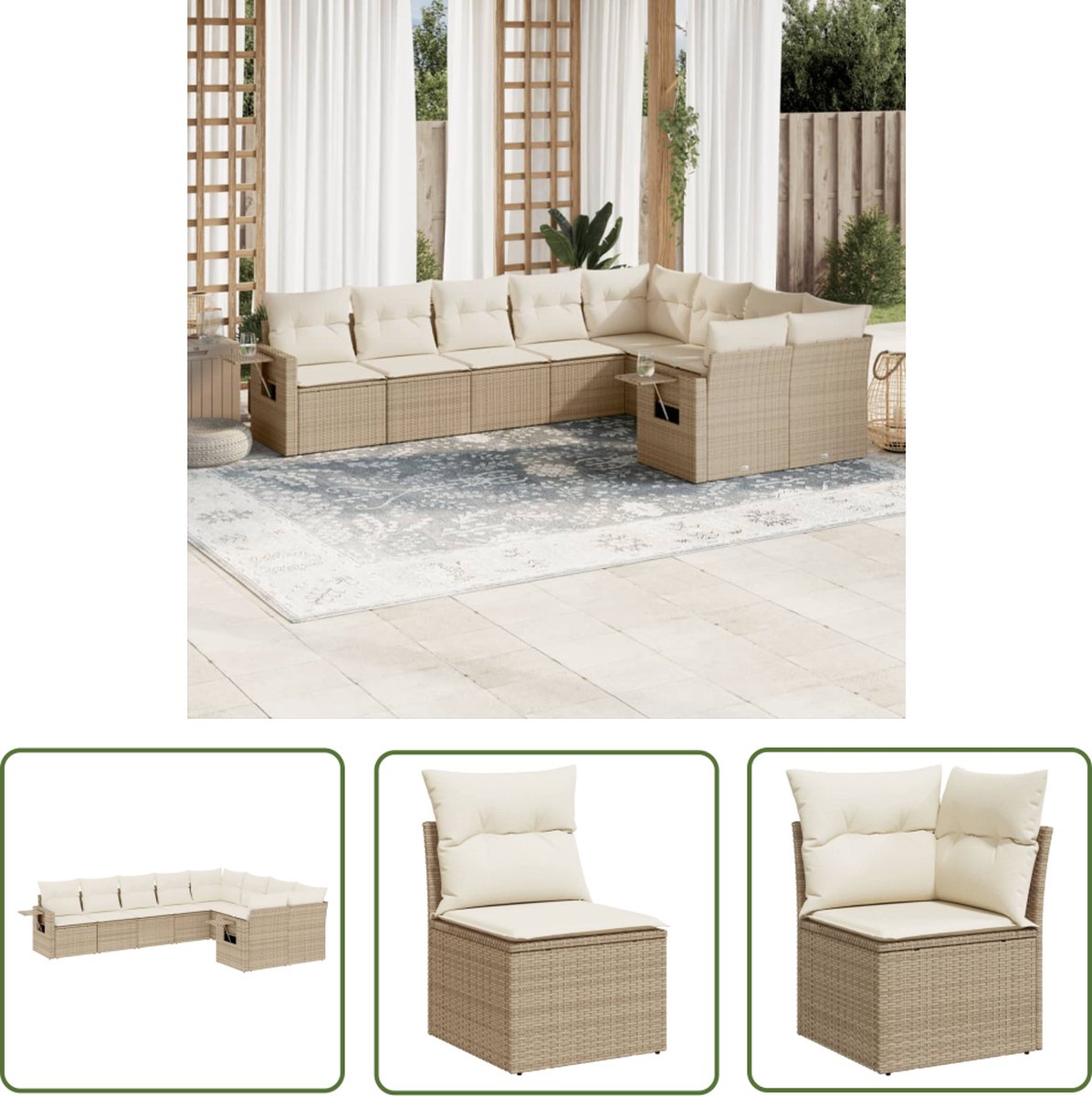The Living Store 9-delige Loungeset met kussens poly rattan beige - Loungebank - Lounge Set - Buitendecoratie - Tuinmeubelen - Poly Rattan