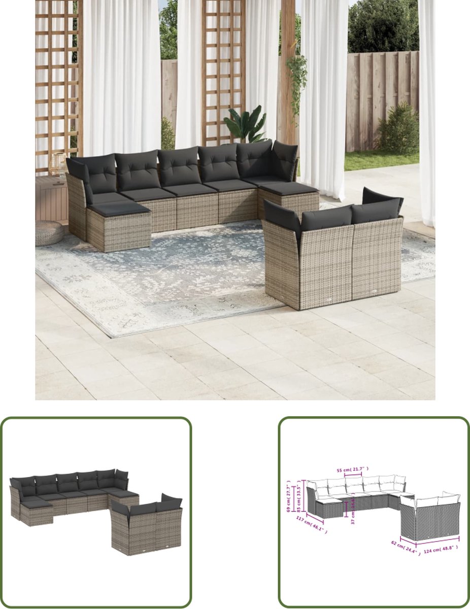 Grijze poly rattan loungeset met kussens en loungebank voor buiten.