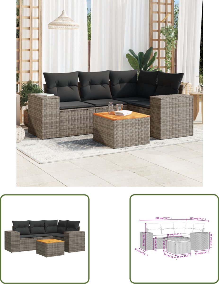 Grijze poly rattan loungeset met kussens voor buiten - The Living Store.