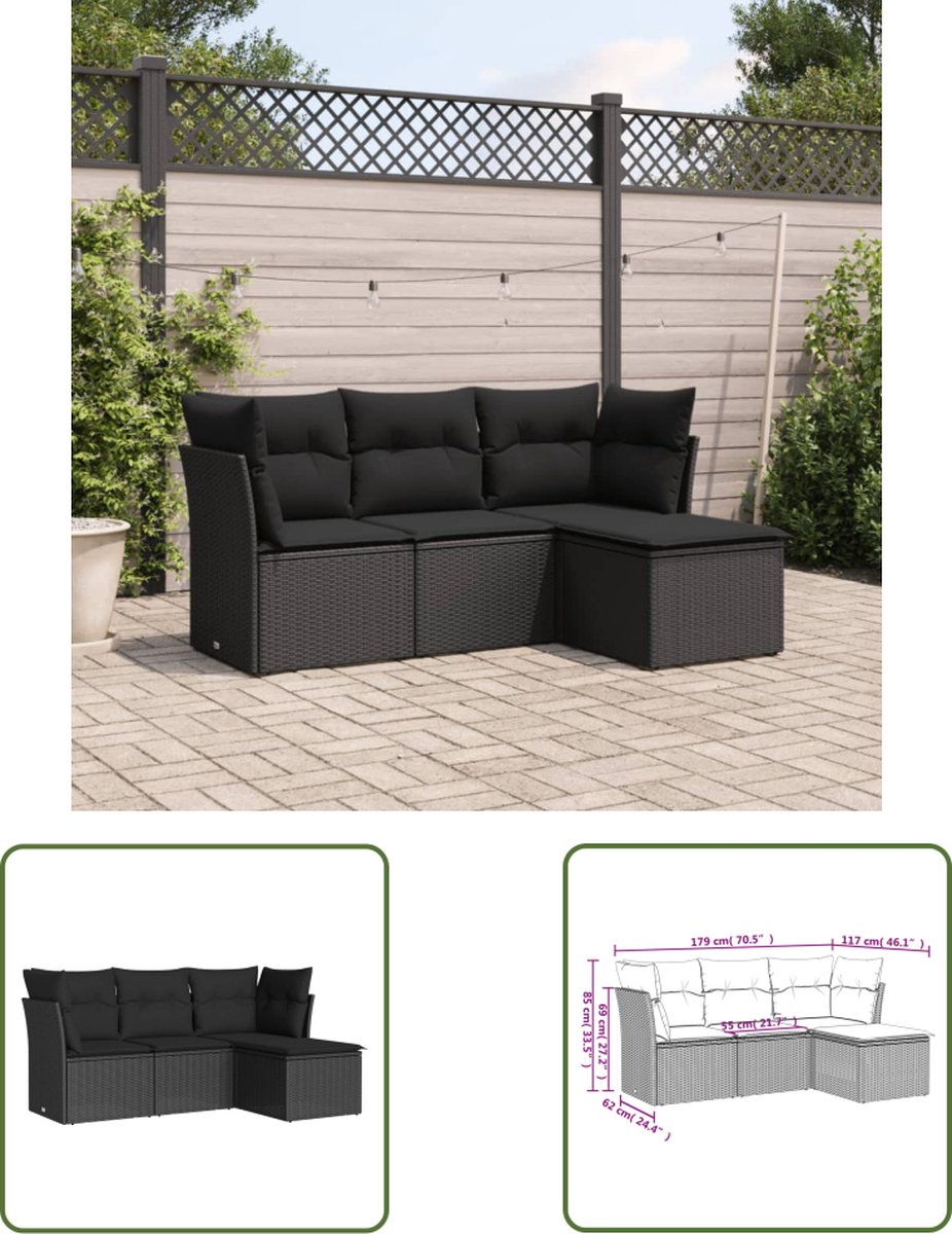 Zwarte poly rattan loungeset met kussens voor buiten - The Living Store.