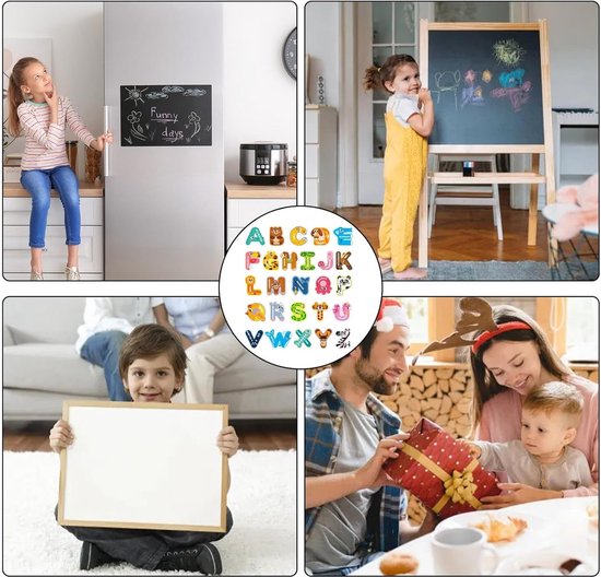 Collage met kinderen en alfabetmagneten.