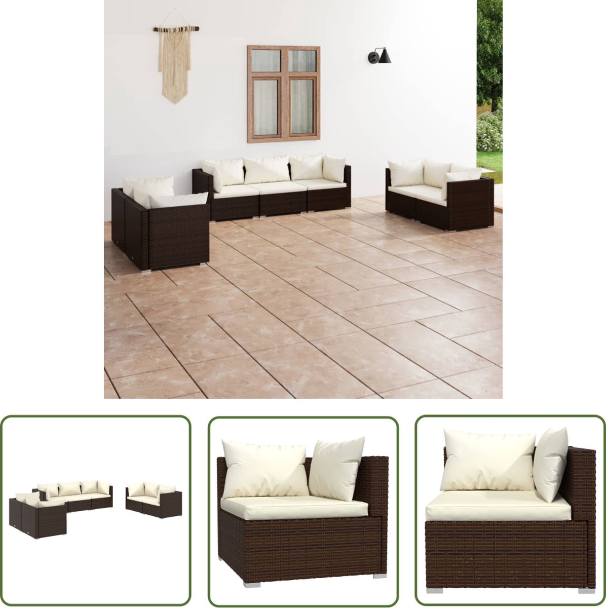 Poly rattan bruine loungeset met kussens voor tuin- en buitenlounges.