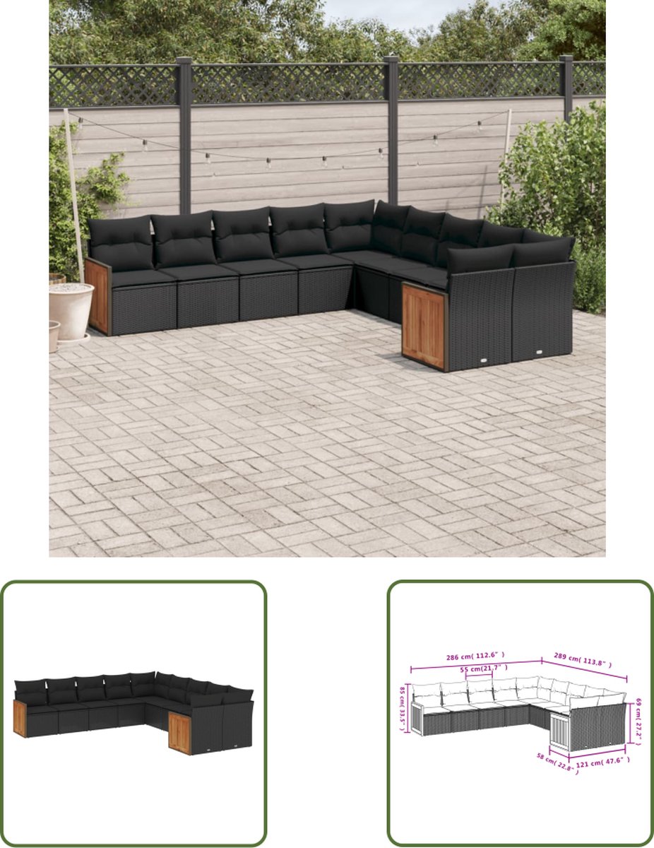 The Living Store 10-delige Loungeset met kussens poly rattan zwart - Loungebank - Lounge Set - Tuinset - Buitendiner - Tuinbank