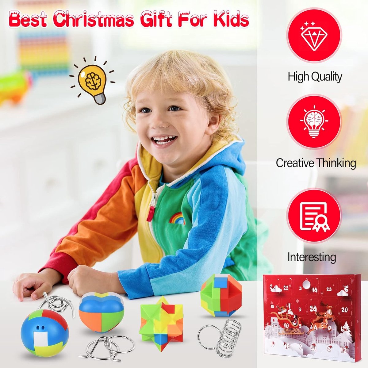 Adventskalender 2025 voor kinderen - 24 Dagen van Kerstmis Aftelkalender met BrainTeaser Puzzelspeelgoed voor Kid Volwassenen Adventskalender voor Jongens Meisjes Tieners Kerstcadeaus voor kinderen