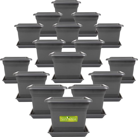 Sustania Plantenbak Set Van 2 - Antraciet, 40x40 Cm, Robuuste Bloempot Voor Buiten Met Onderzetter, Voor Terras Of Tuin