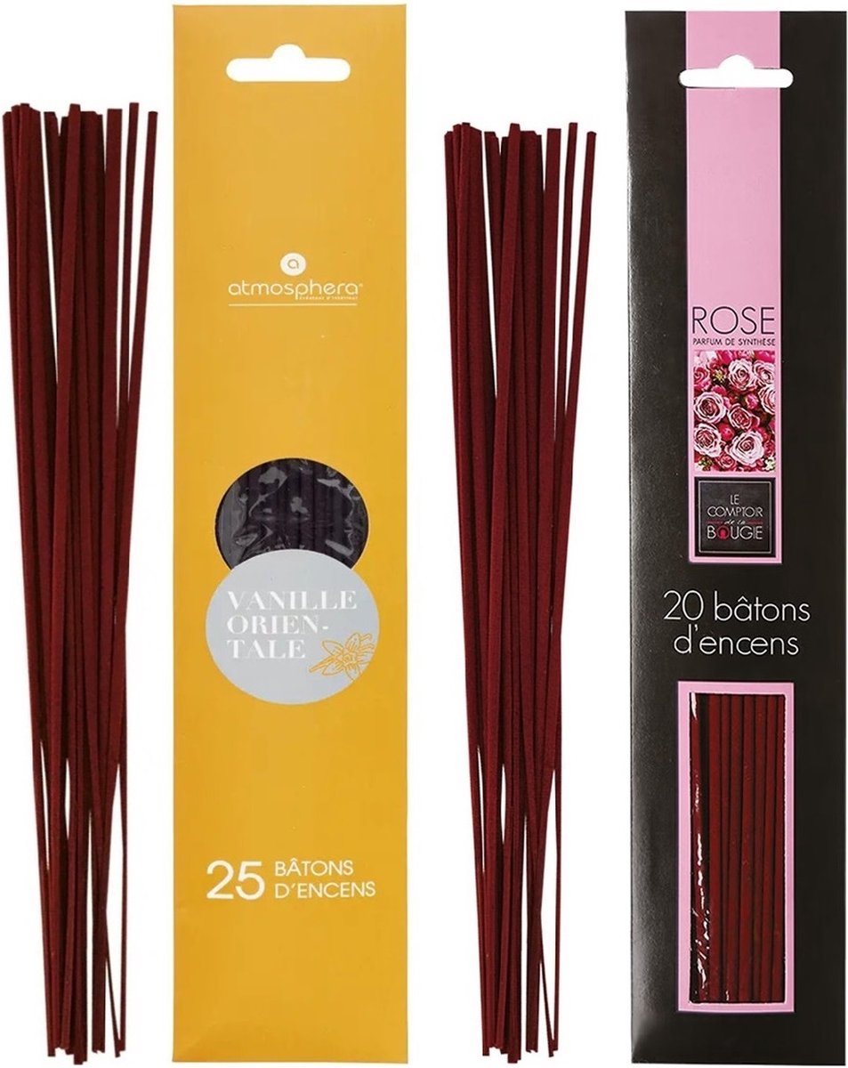 Atmosphera Wierook stokjes - set van 2 geuren - Vanille en Rozen - 25 cm - Ontspanning Lichtroze